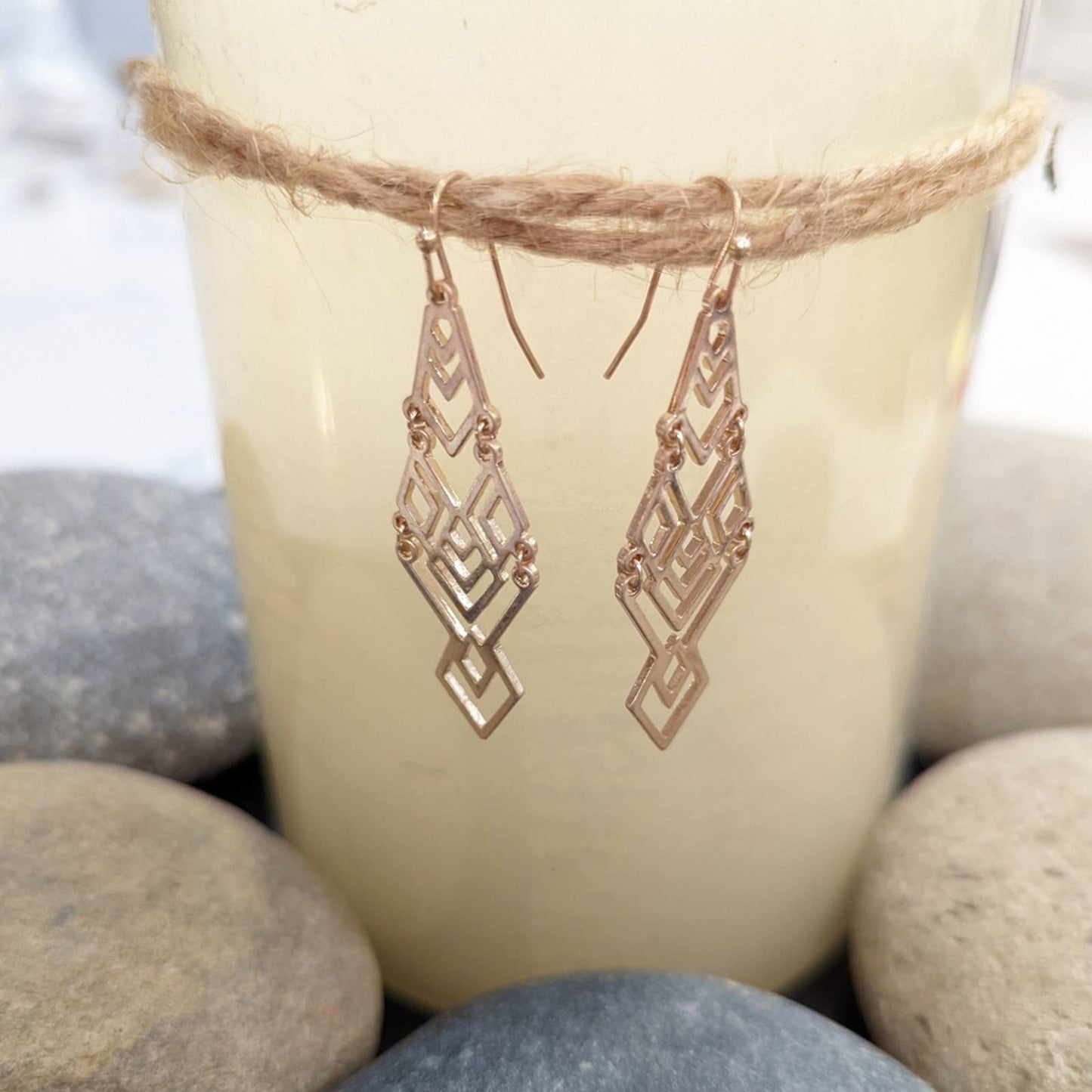 Aztec Geometric Gold Dangle Statement Hook Earrings
