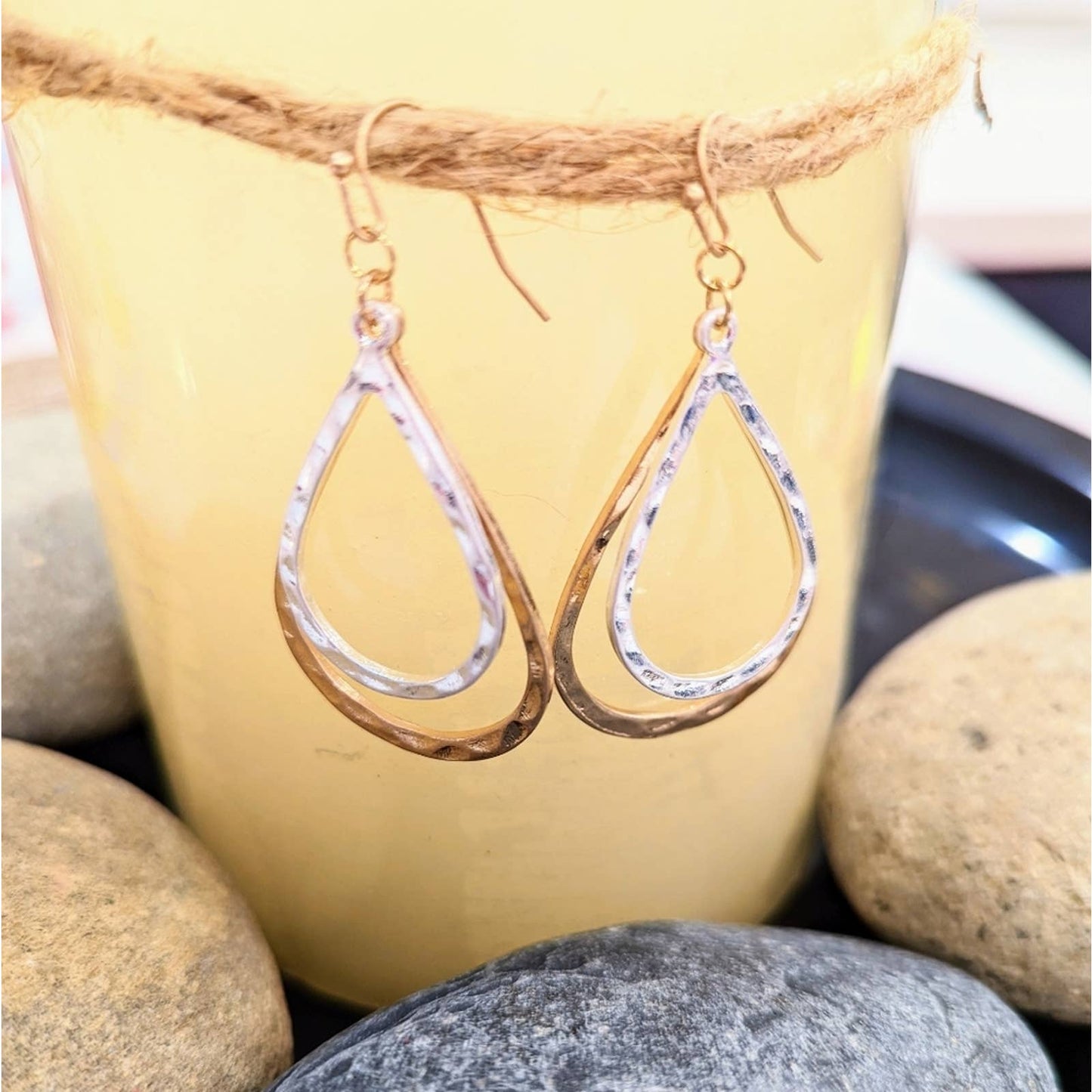 Hammered Gold and Silver Teardrop Hoop Hook Earrings