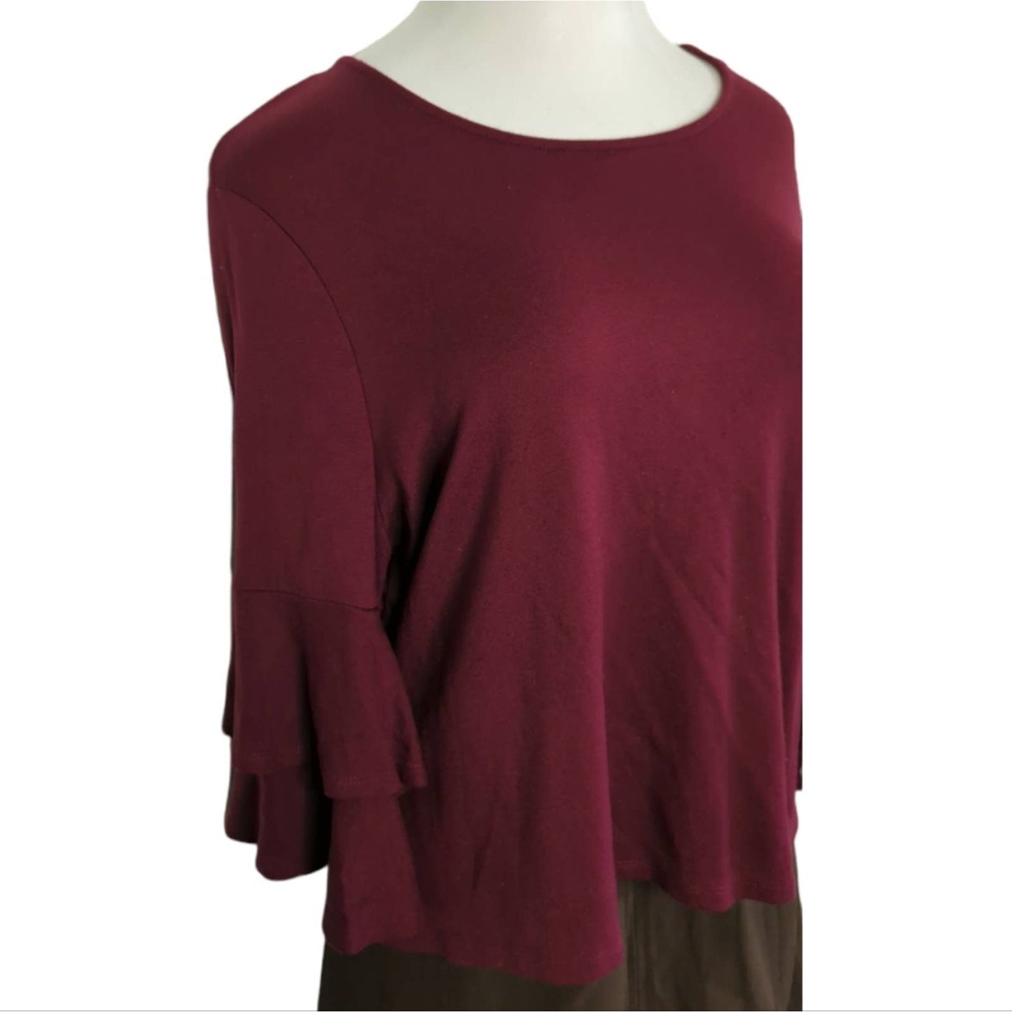 ANTHROPOLOGIE W5 Burgundy Heavy Knit Career Top with 3/4 Ruffle Sleeves XL