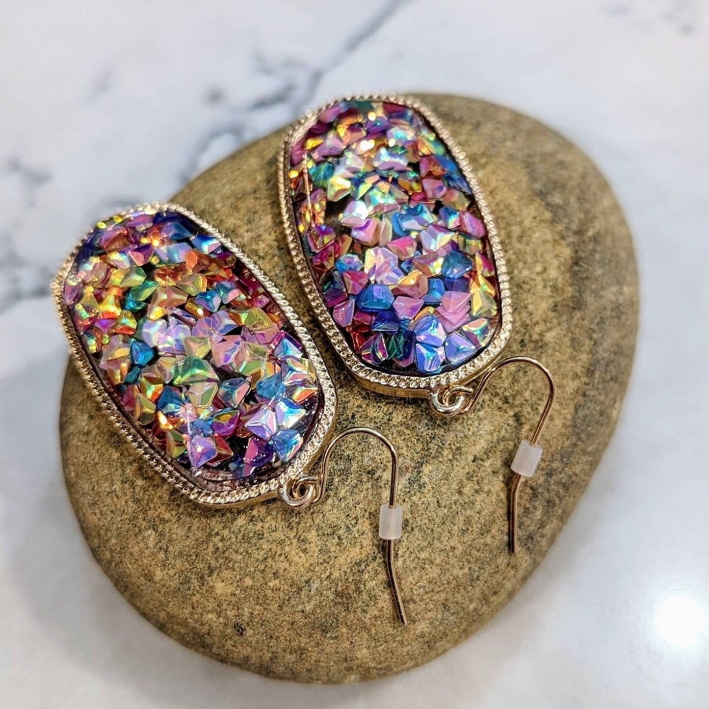 RAINBOW Gem Gold Rimmed Oval Resin Faceted Sparkle Hook Earrings