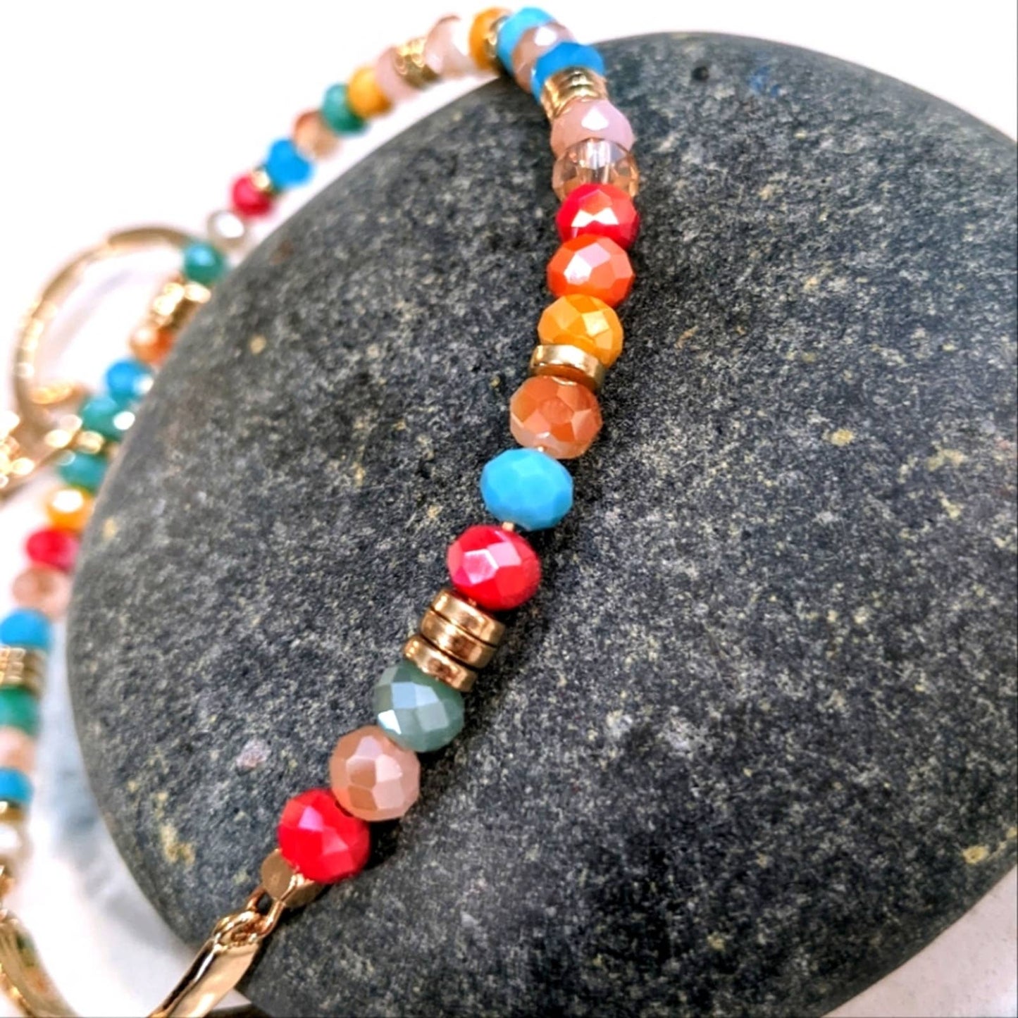 GOLD TONE CROSS Glass Bead Bracelet Style Hoop Key Chain with Closed Hook