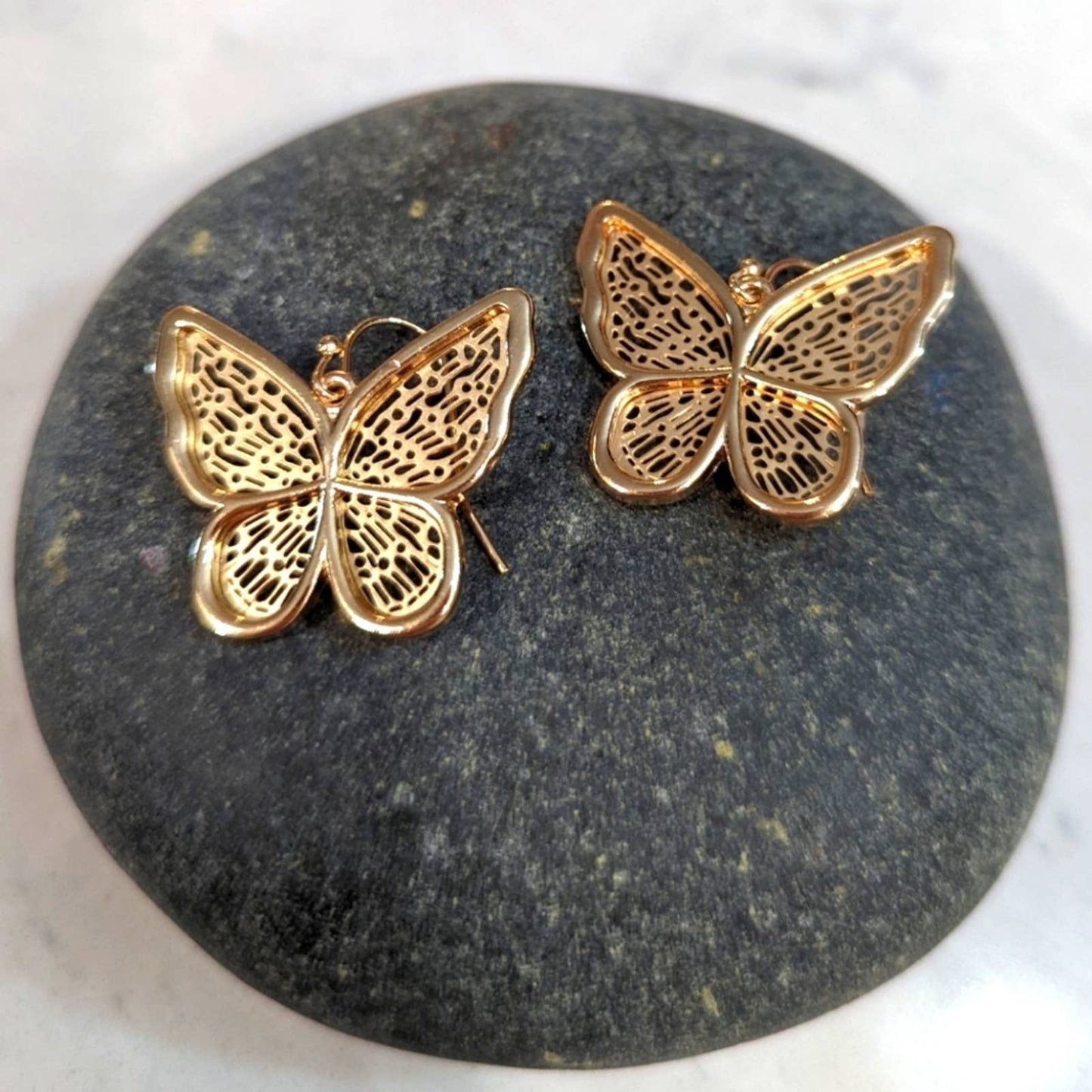 Butterfly Gold Tone Filagree 3D Hook Earrings