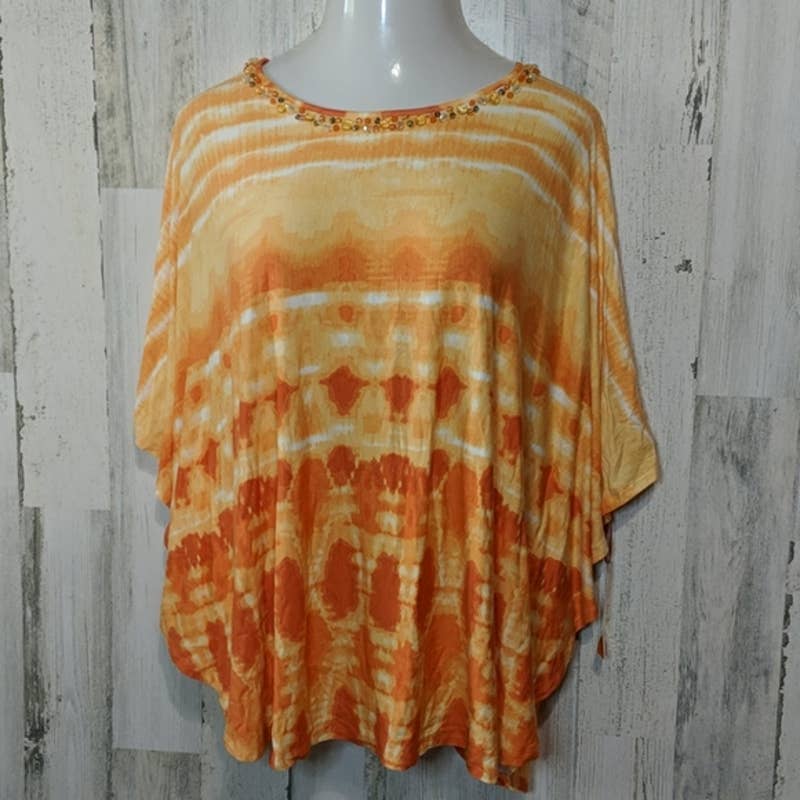 RUBY RD Orange Tie Dye Beaded Knit Dolman Top 1X