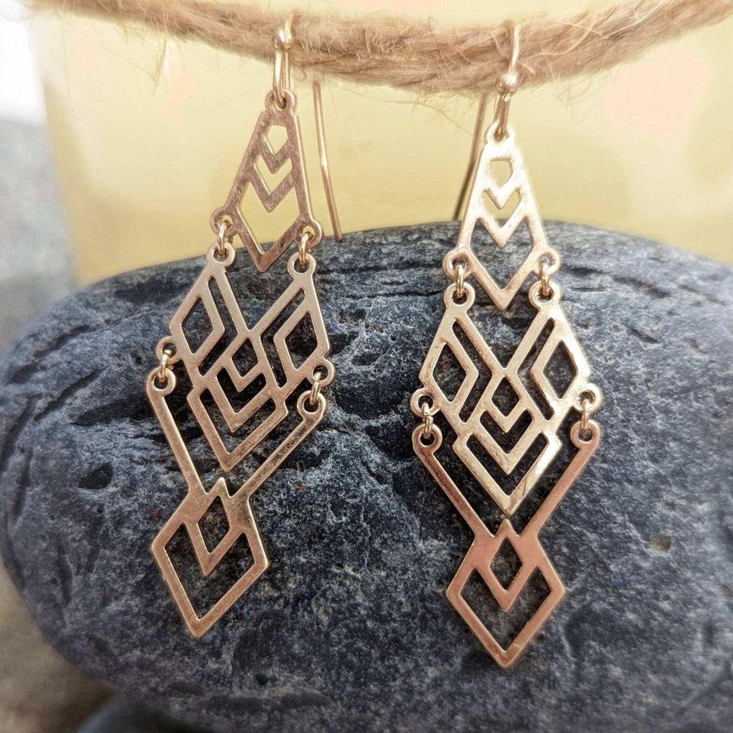 Aztec Geometric Gold Dangle Statement Hook Earrings