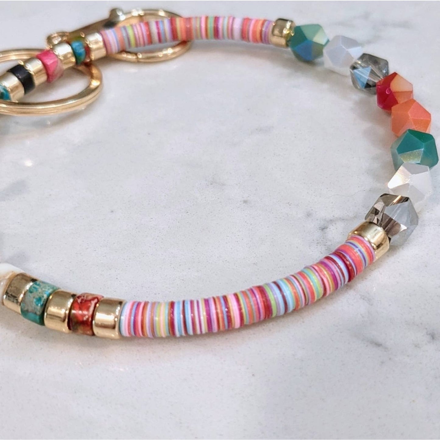 GOLD TONE CROSS Glass Bead Bracelet Style Hoop Key Chain with Closed Hook