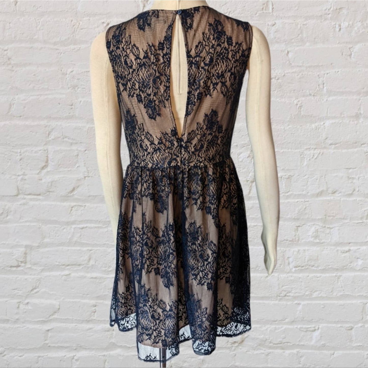 FOREVER 21 Navy Blue Lace Party Dress with Tan Lining Large