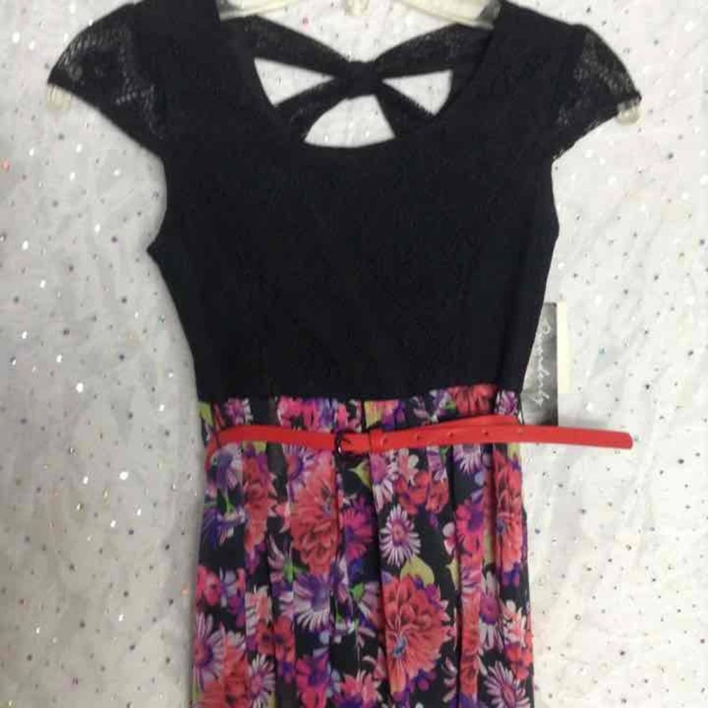 DISORDERLY KIDS Black Pink Floral Sharkbite Hem Dress Girls 10 NEW