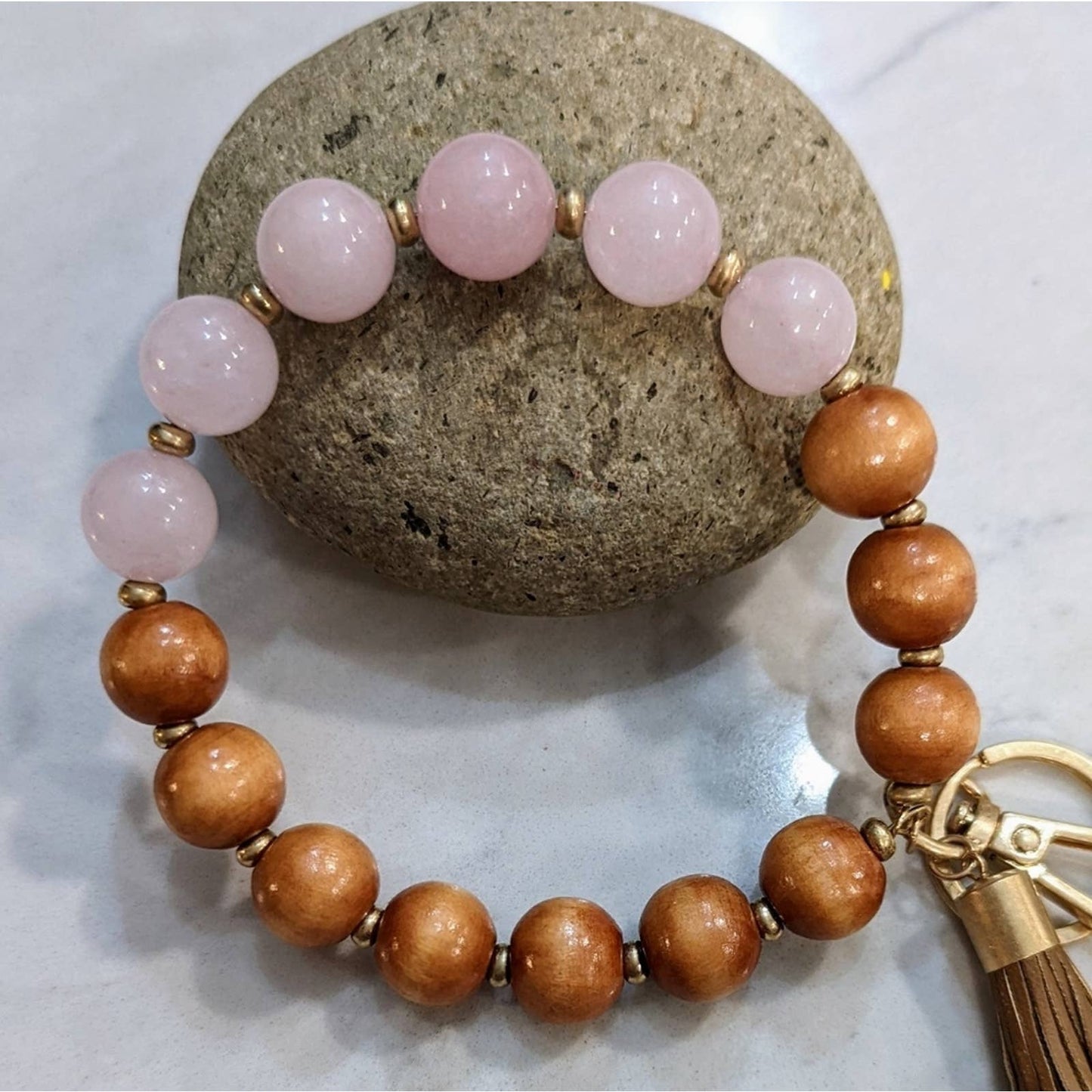 WOOD AND PINK STONE Gold Tone Bracelet Style Keychain with Tassel and Clip