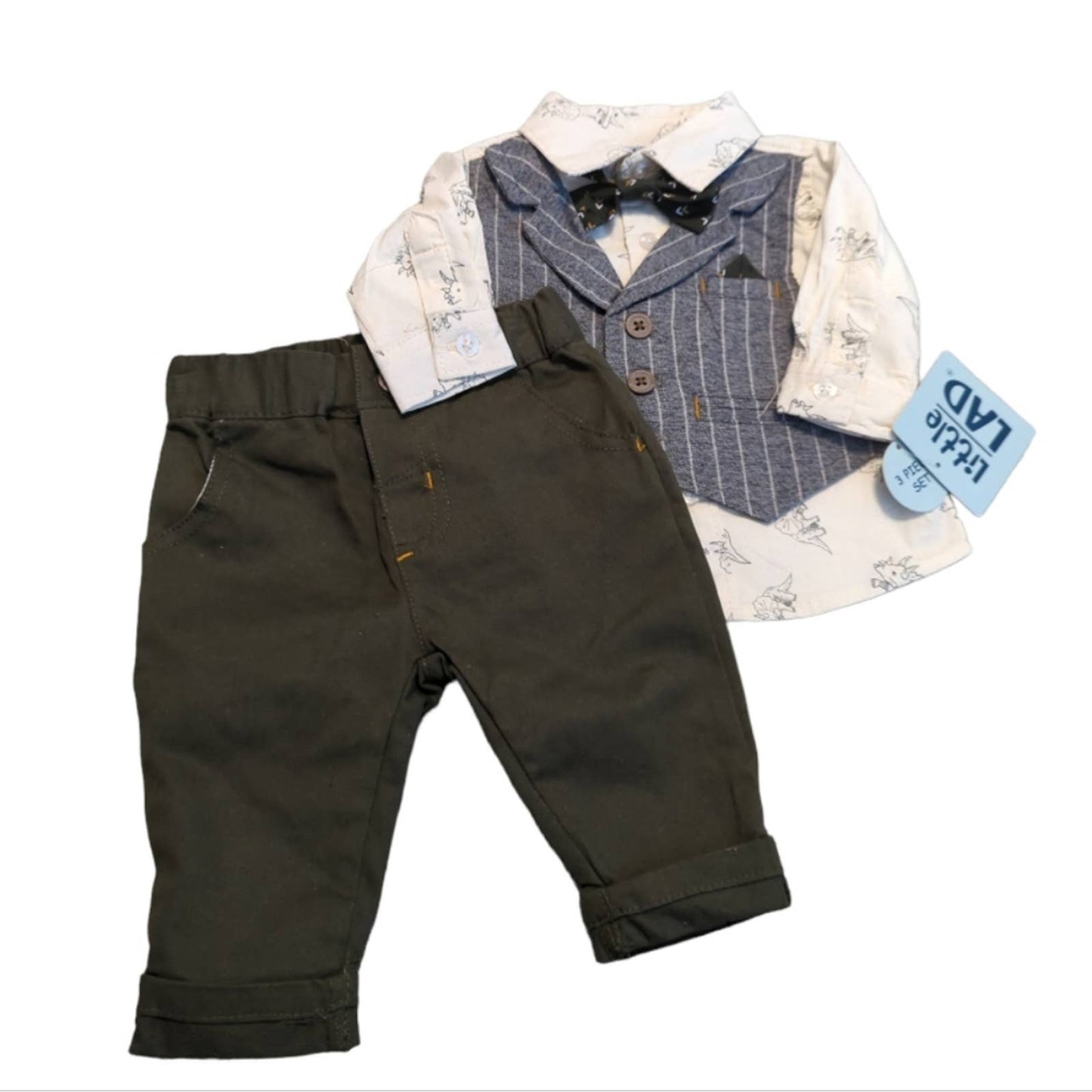 LITTLE LAD 0-3 Month 3 Piece Dressy Outfit Rhinoceros Pinstripe Bowtie NEW