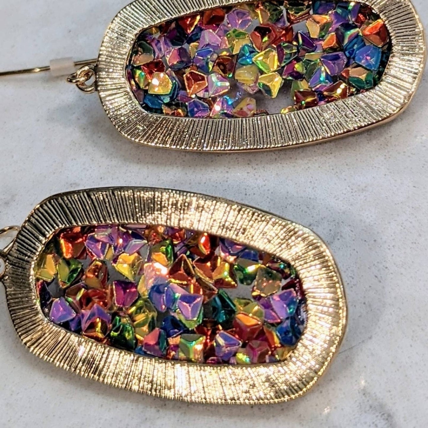 RAINBOW Gem Gold Rimmed Oval Resin Faceted Sparkle Hook Earrings
