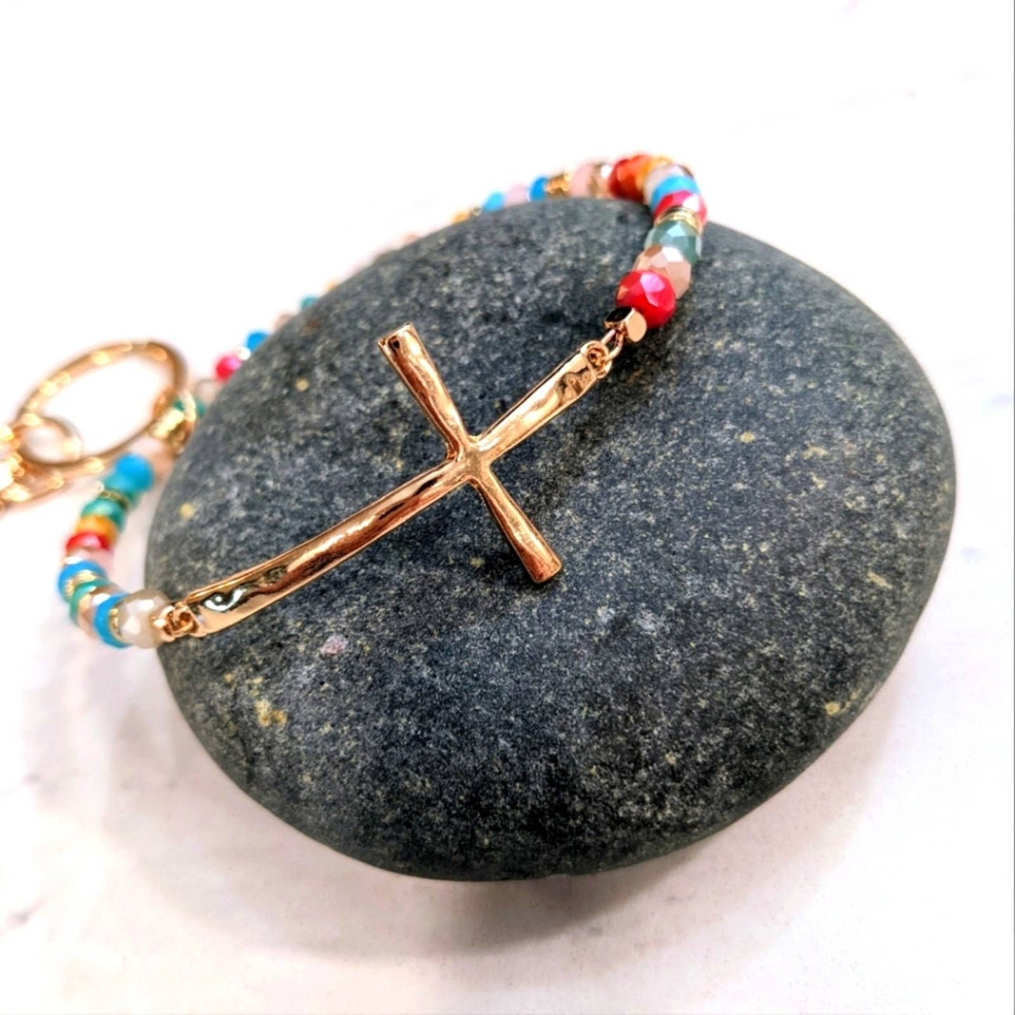 GOLD TONE CROSS Glass Bead Bracelet Style Hoop Key Chain with Closed Hook