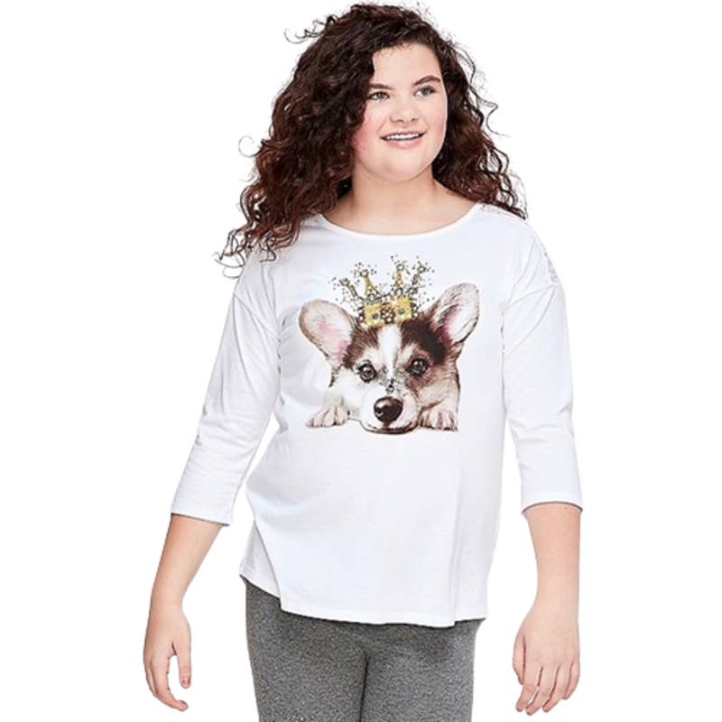 JUSTICE GIRLS 14/16 PLUS White 3/4 Long Sleeve Lace Tee Dog with Crown NEW
