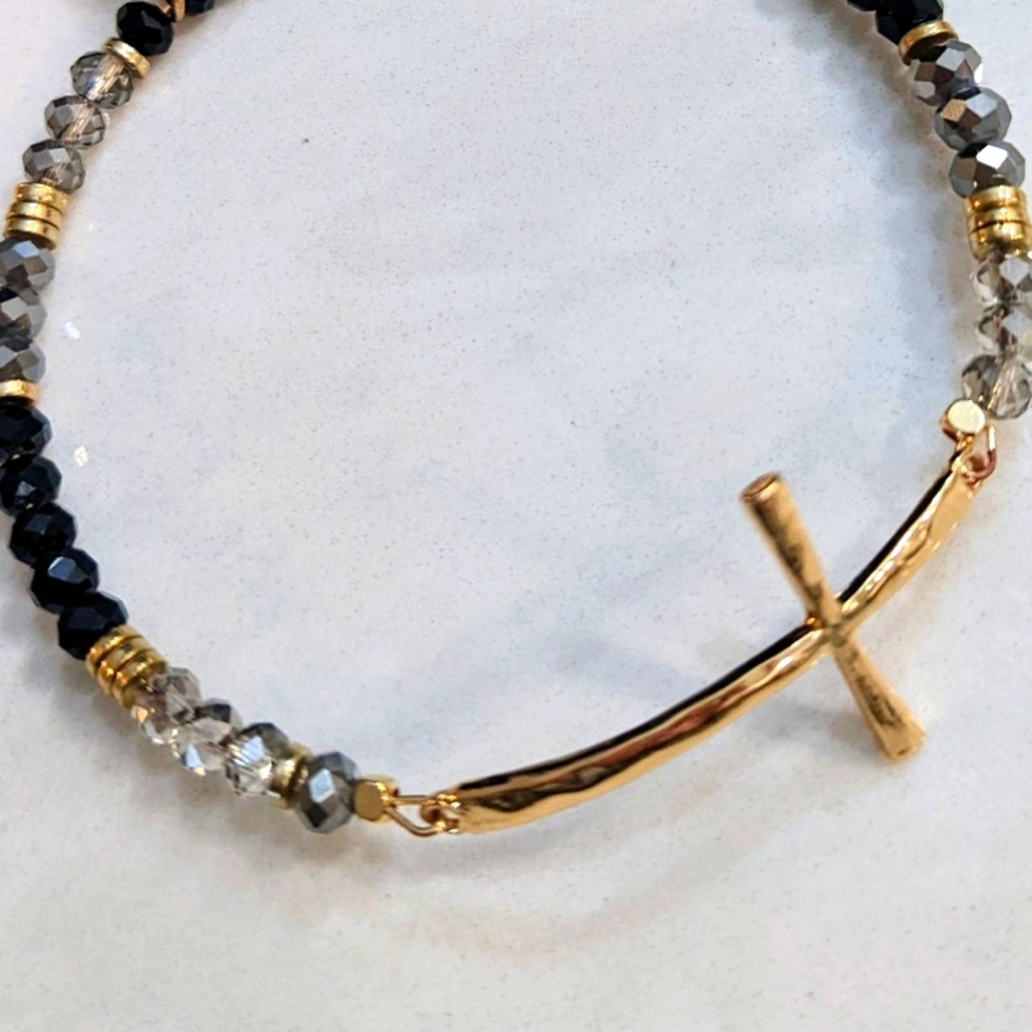 GOLD TONE HAMMERED CROSS Black Gray Glass Bead Bracelet Style Hoop Key Chain