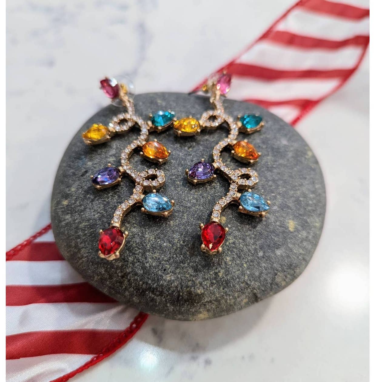 Holiday Lights Long Gold Dangle Post Earrings for Christmas