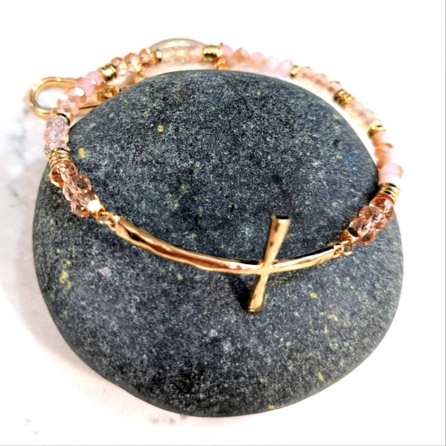 GOLD TONE CROSS Pink Glass Bead Bracelet Style Hoop Key Chain with Closed Hook