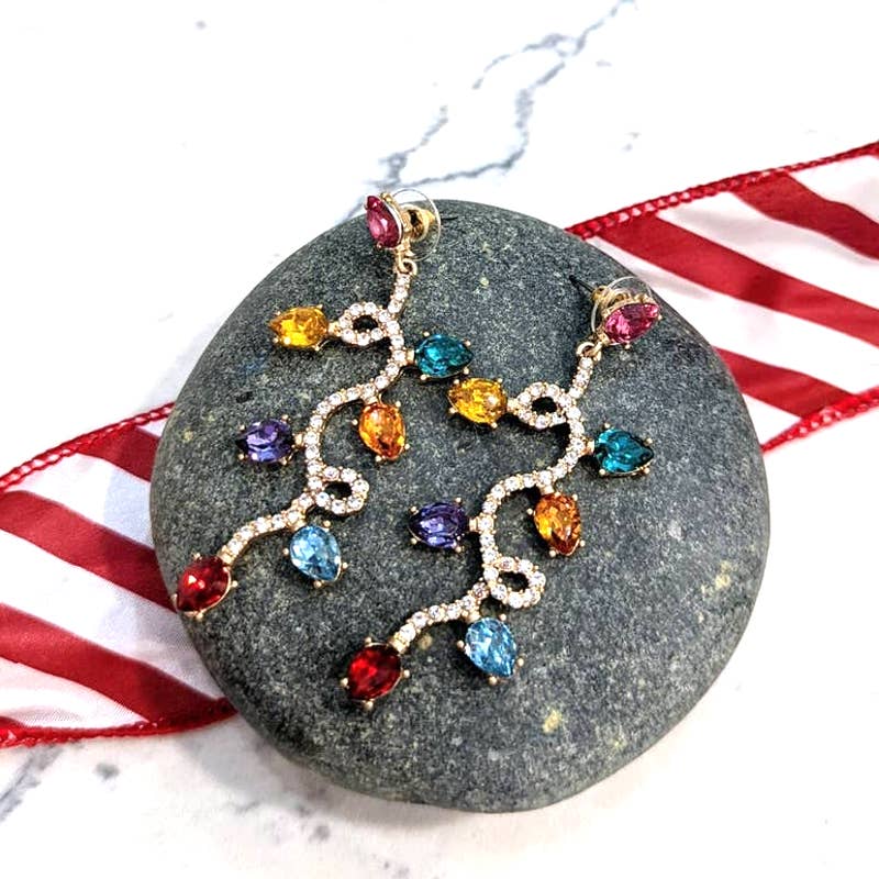 Holiday Lights Long Gold Dangle Post Earrings for Christmas