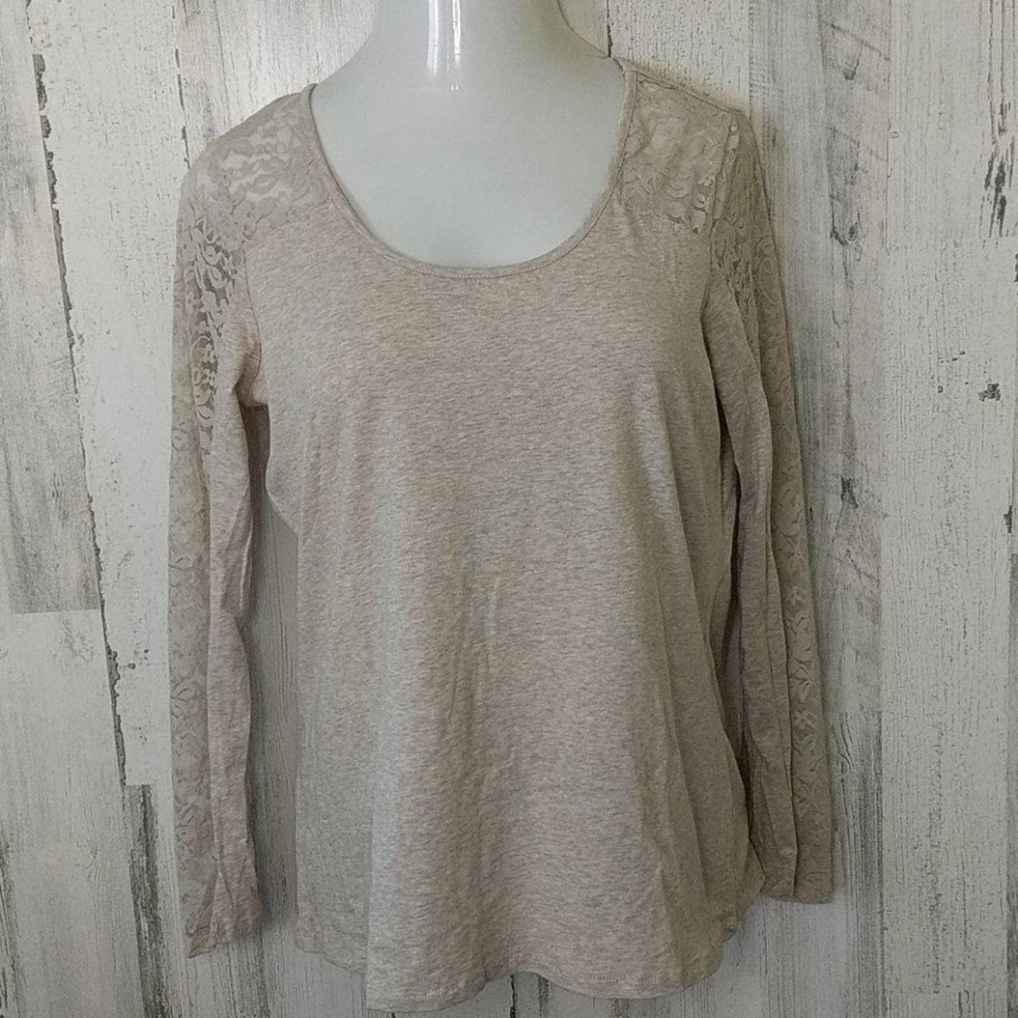 AMBIANCE Tan Heathered Top Lace Shoulders 2X NEW