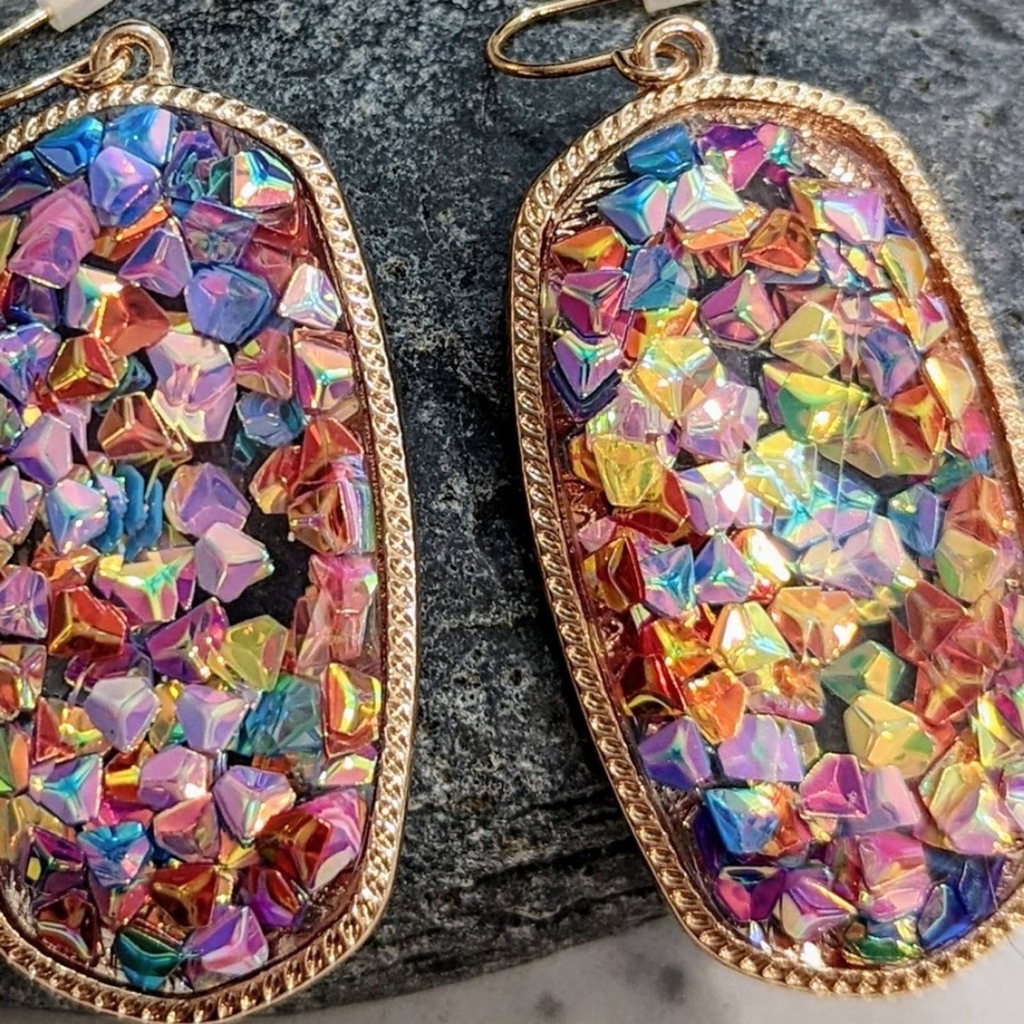 RAINBOW Gem Gold Rimmed Oval Resin Faceted Sparkle Hook Earrings