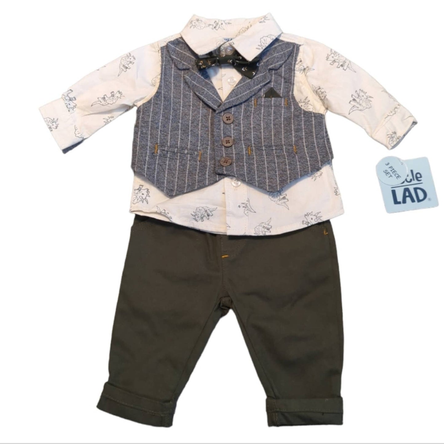 LITTLE LAD 0-3 Month 3 Piece Dressy Outfit Rhinoceros Pinstripe Bowtie NEW