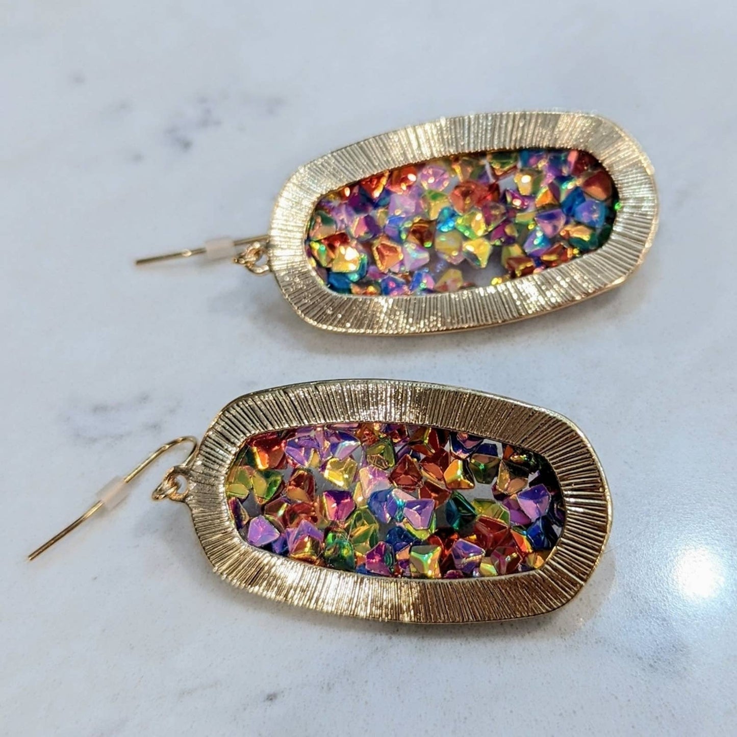 RAINBOW Gem Gold Rimmed Oval Resin Faceted Sparkle Hook Earrings