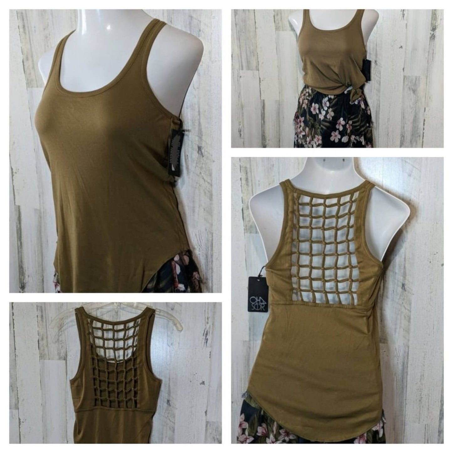 CHASER Olive Green Lattice Open Back Tank Medium