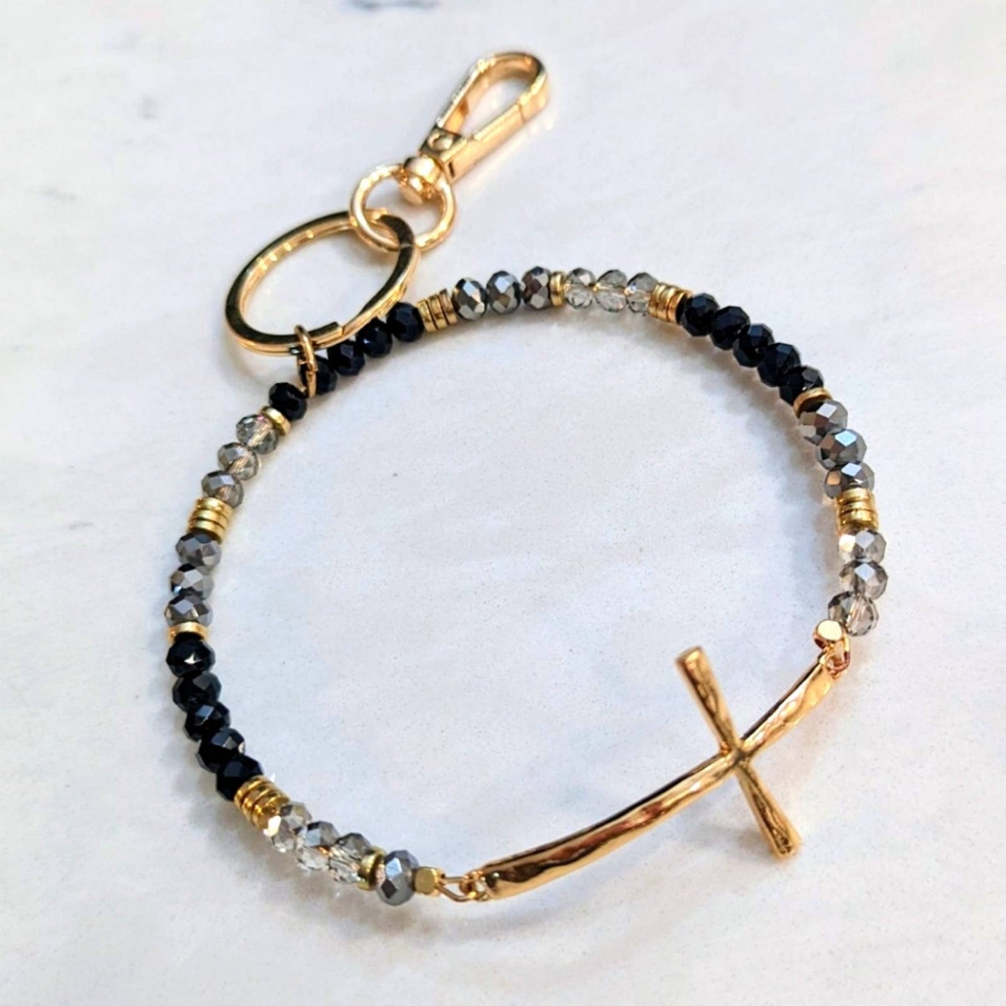GOLD TONE HAMMERED CROSS Black Gray Glass Bead Bracelet Style Hoop Key Chain