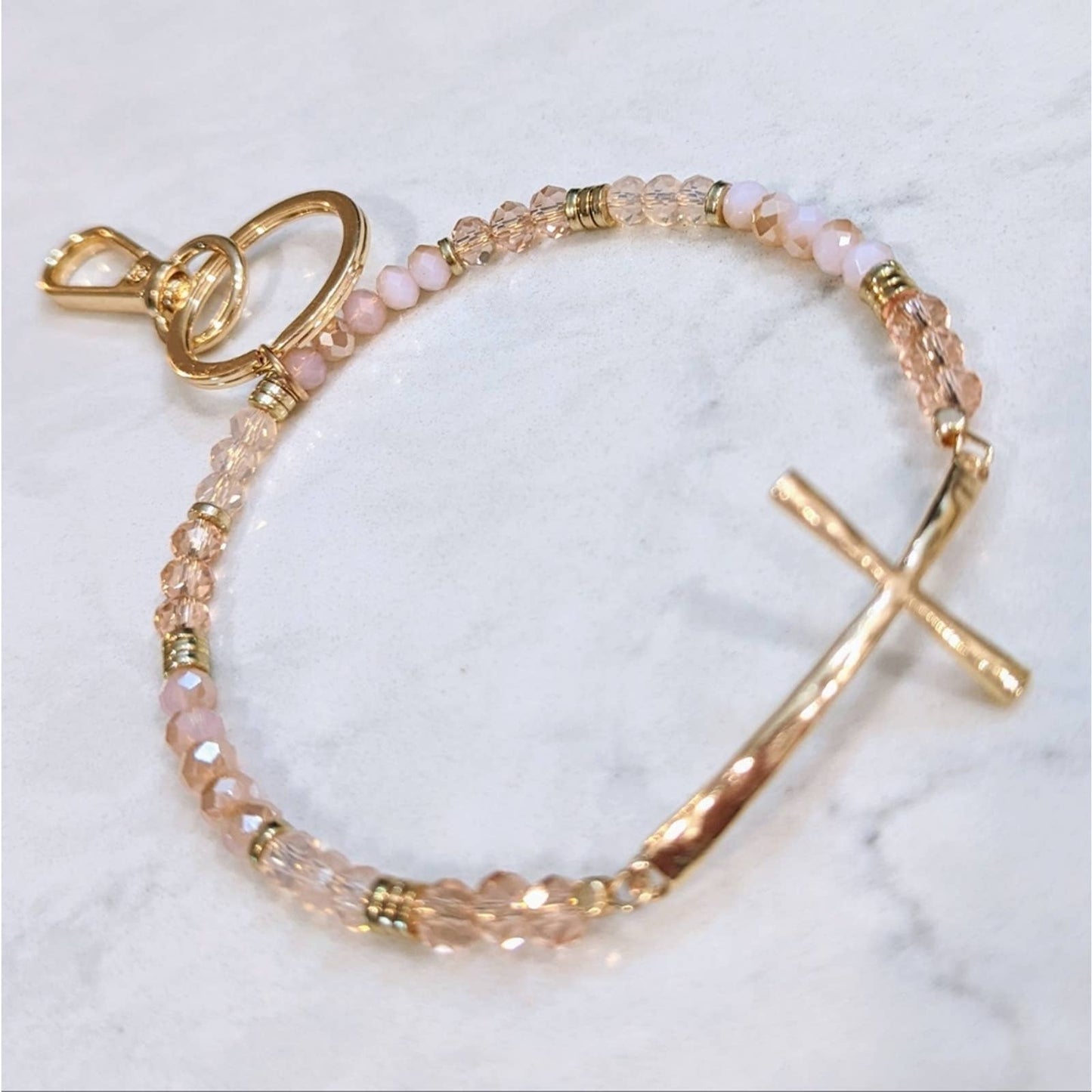 GOLD TONE CROSS Pink Glass Bead Bracelet Style Hoop Key Chain with Closed Hook