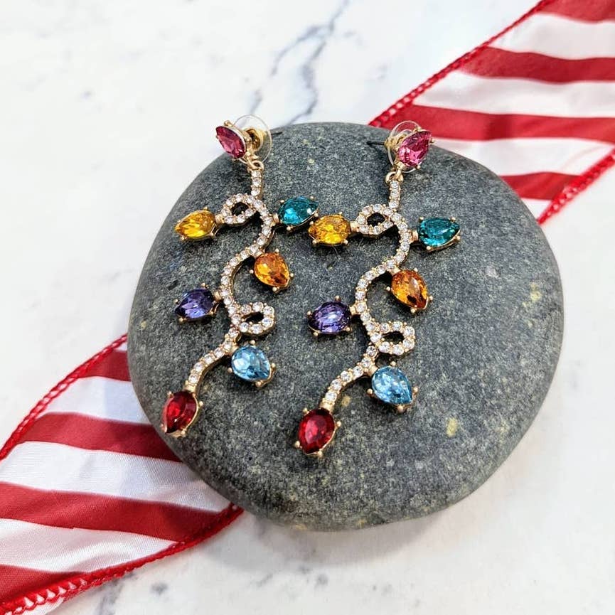 Holiday Lights Long Gold Dangle Post Earrings for Christmas
