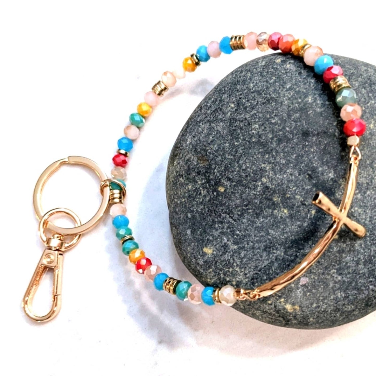 GOLD TONE CROSS Glass Bead Bracelet Style Hoop Key Chain with Closed Hook