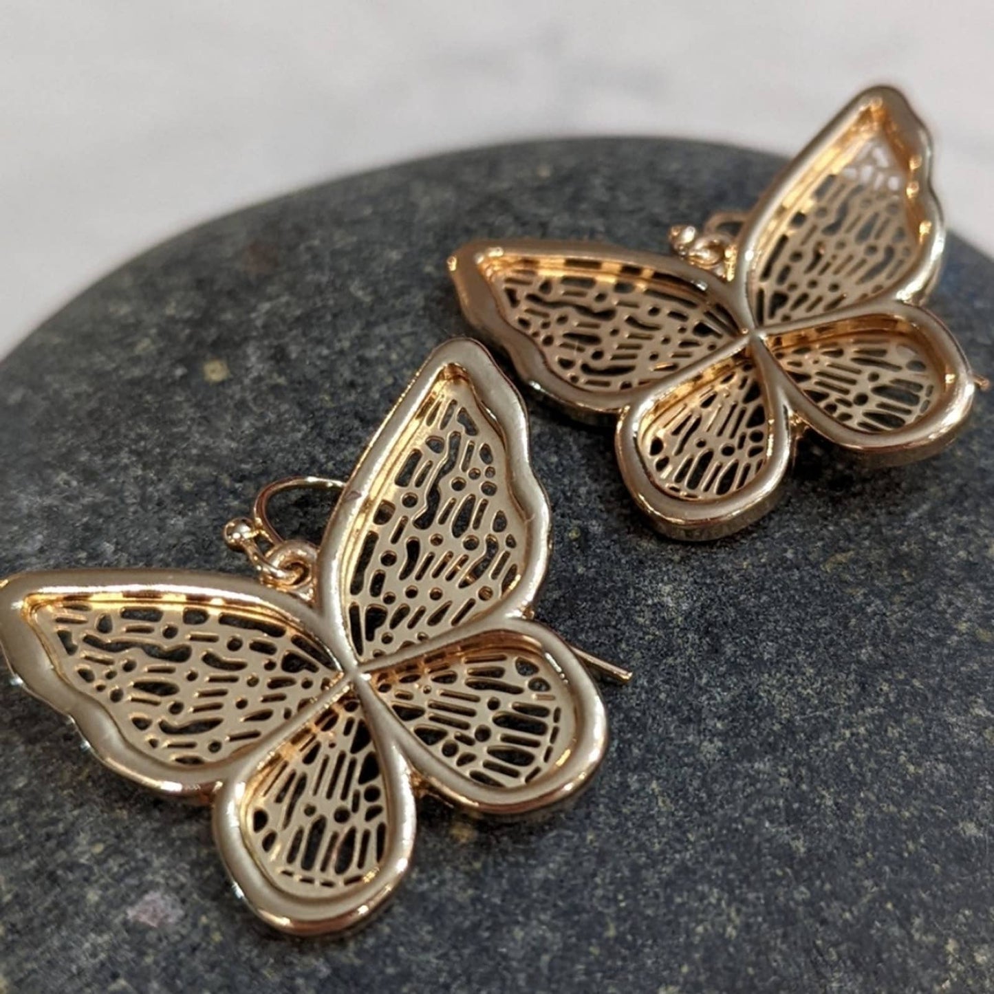 Butterfly Gold Tone Filagree 3D Hook Earrings