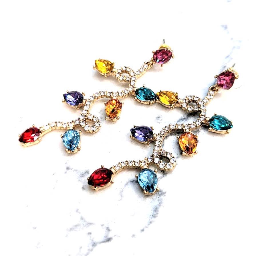 Holiday Lights Long Gold Dangle Post Earrings for Christmas