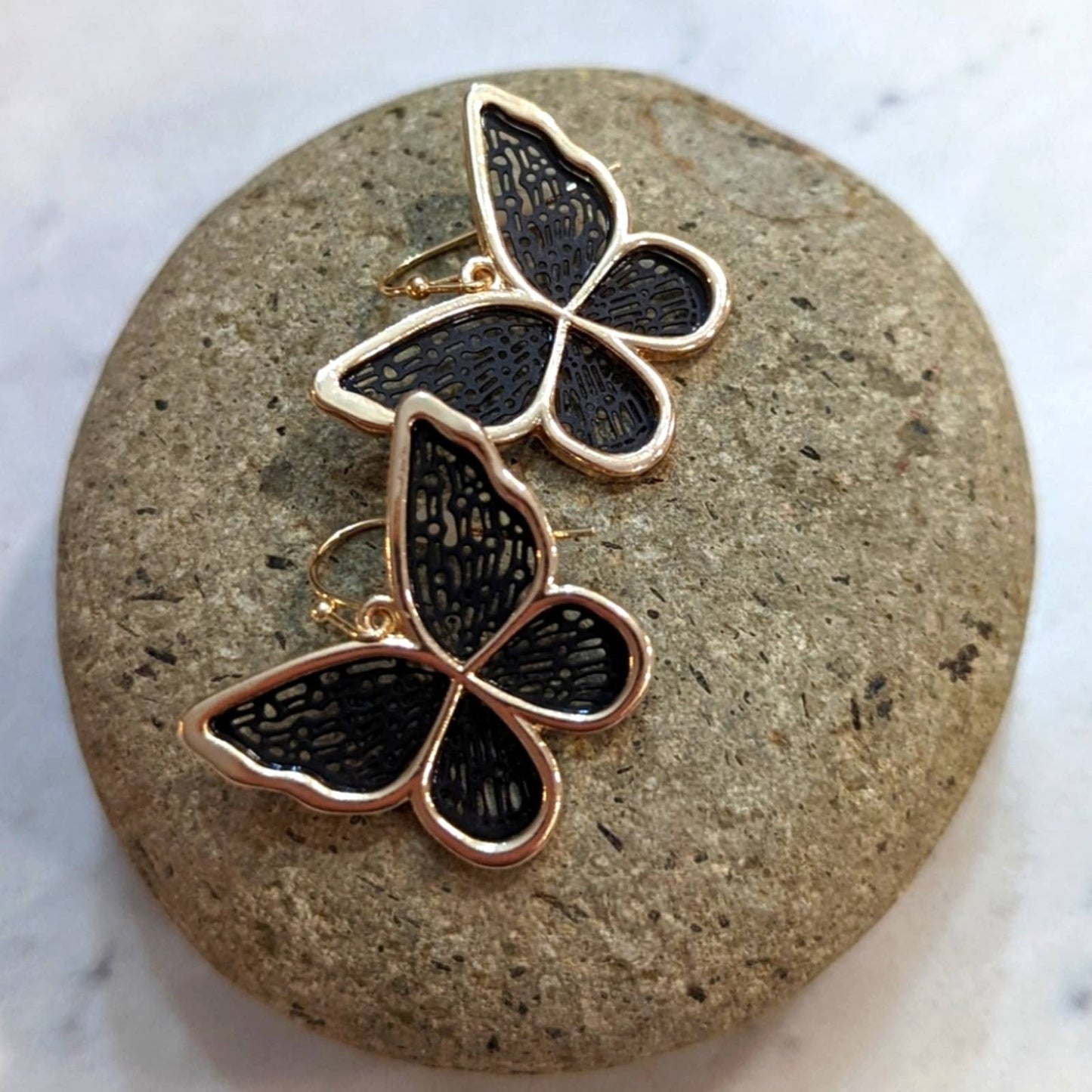 Butterly Gold and Black Filagree 3D Hook Earrings