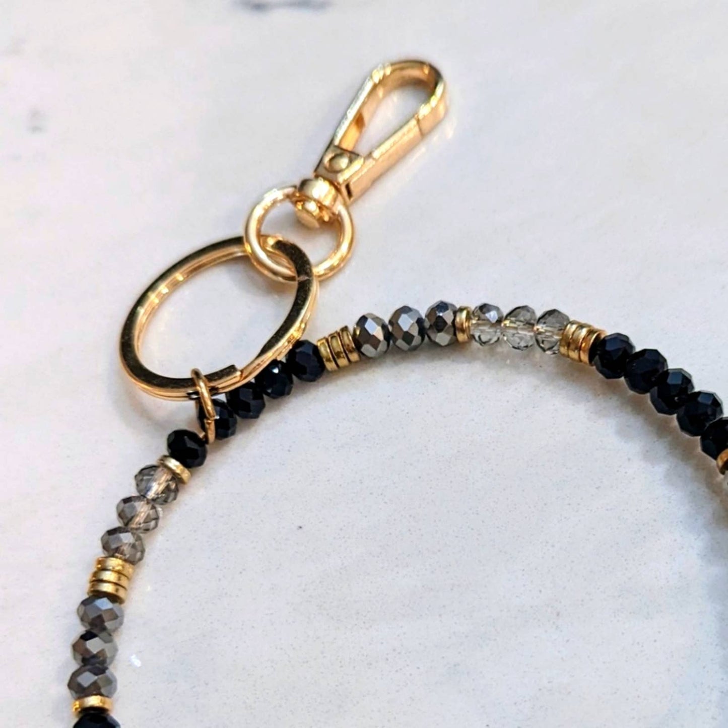 GOLD TONE HAMMERED CROSS Black Gray Glass Bead Bracelet Style Hoop Key Chain