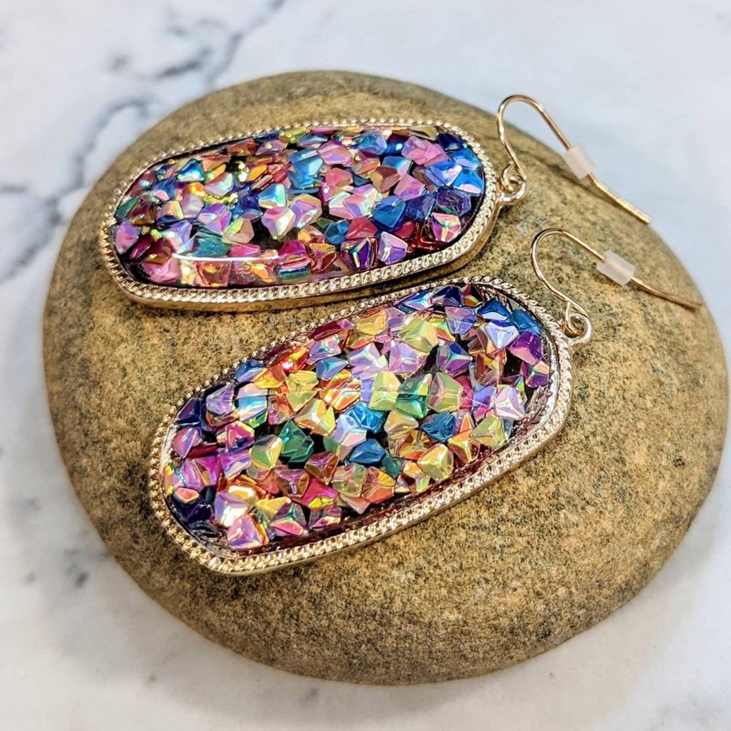 RAINBOW Gem Gold Rimmed Oval Resin Faceted Sparkle Hook Earrings