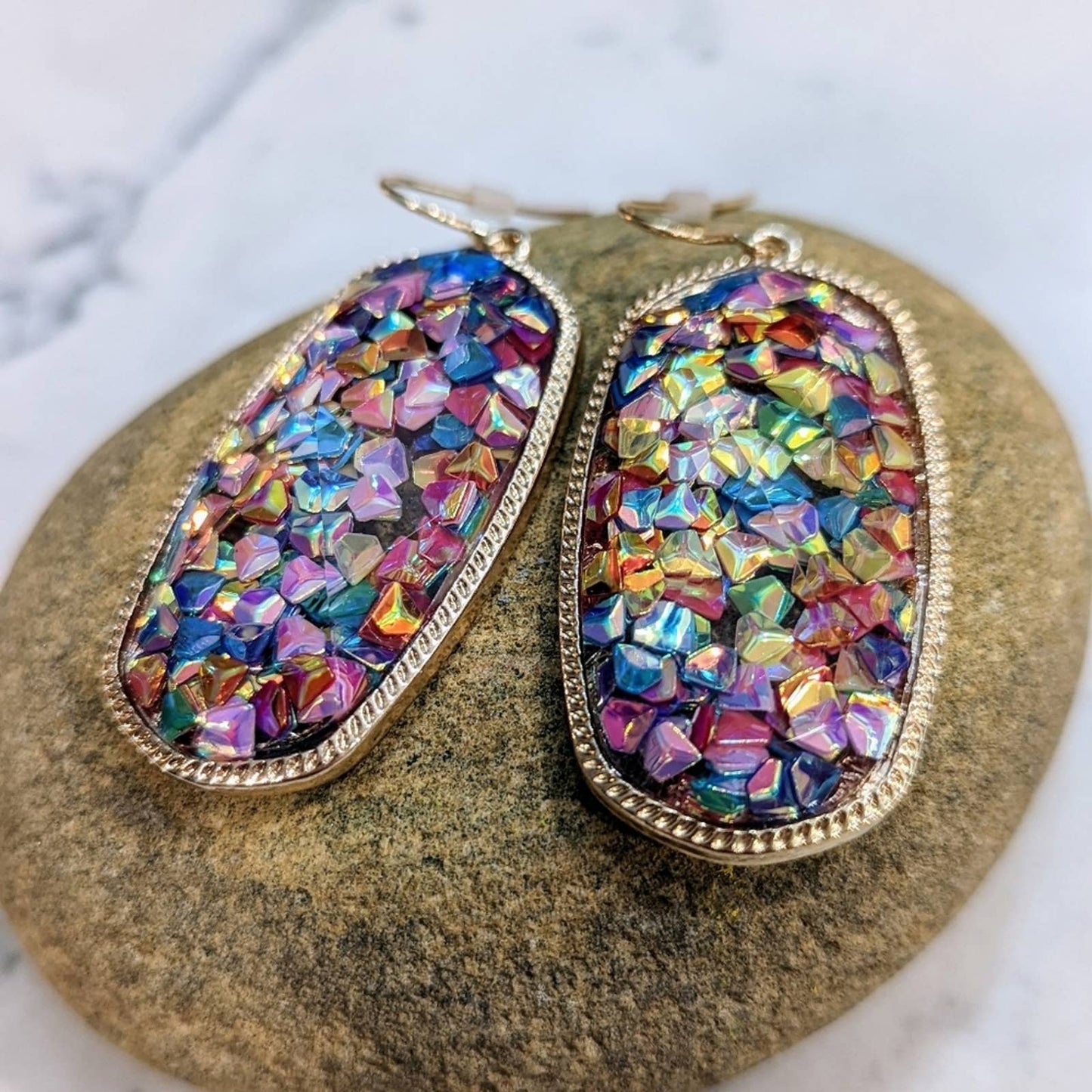 RAINBOW Gem Gold Rimmed Oval Resin Faceted Sparkle Hook Earrings