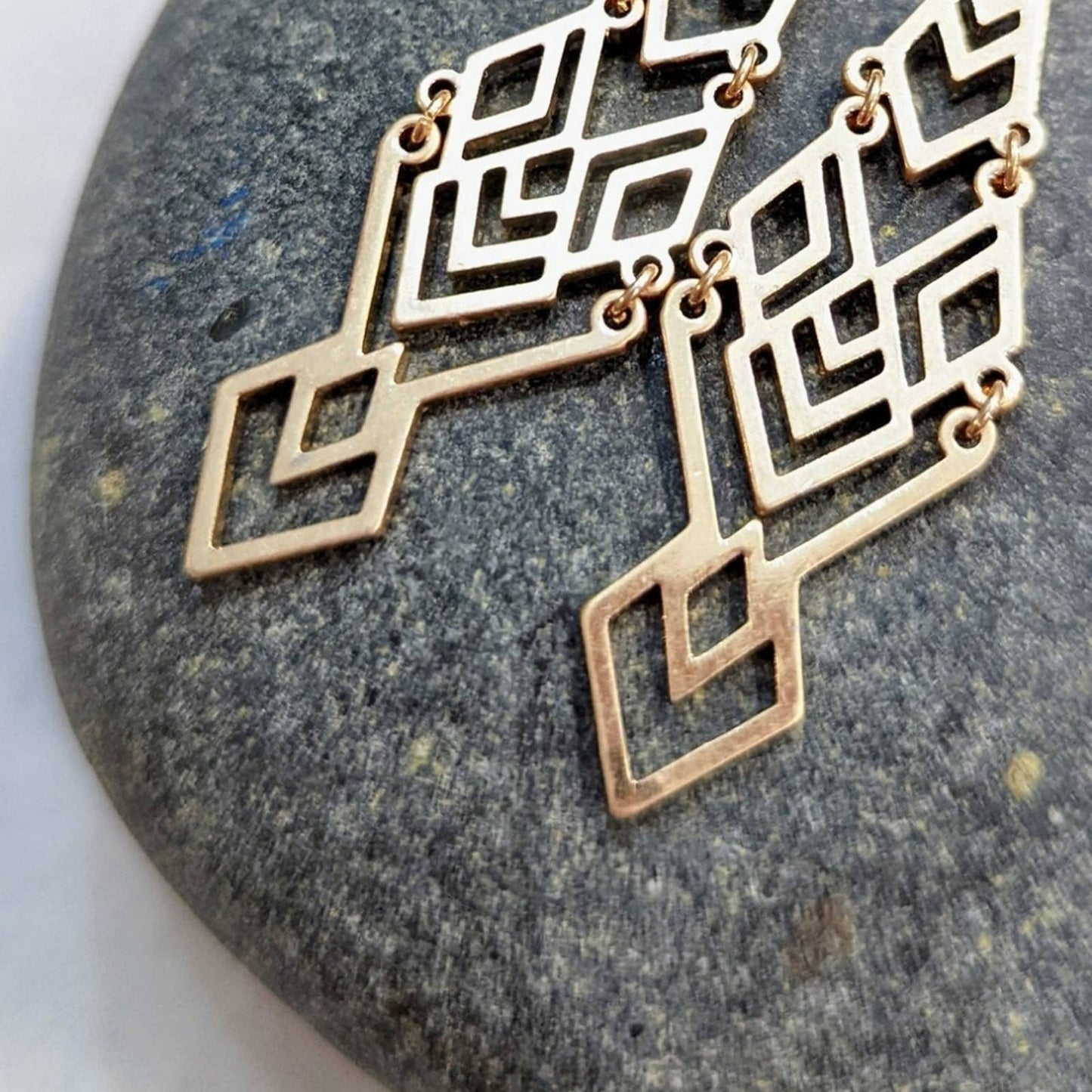 Aztec Geometric Gold Dangle Statement Hook Earrings