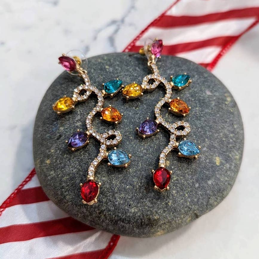 Holiday Lights Long Gold Dangle Post Earrings for Christmas