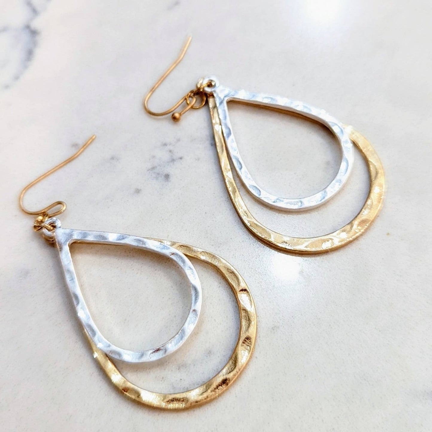 Hammered Gold and Silver Teardrop Hoop Hook Earrings
