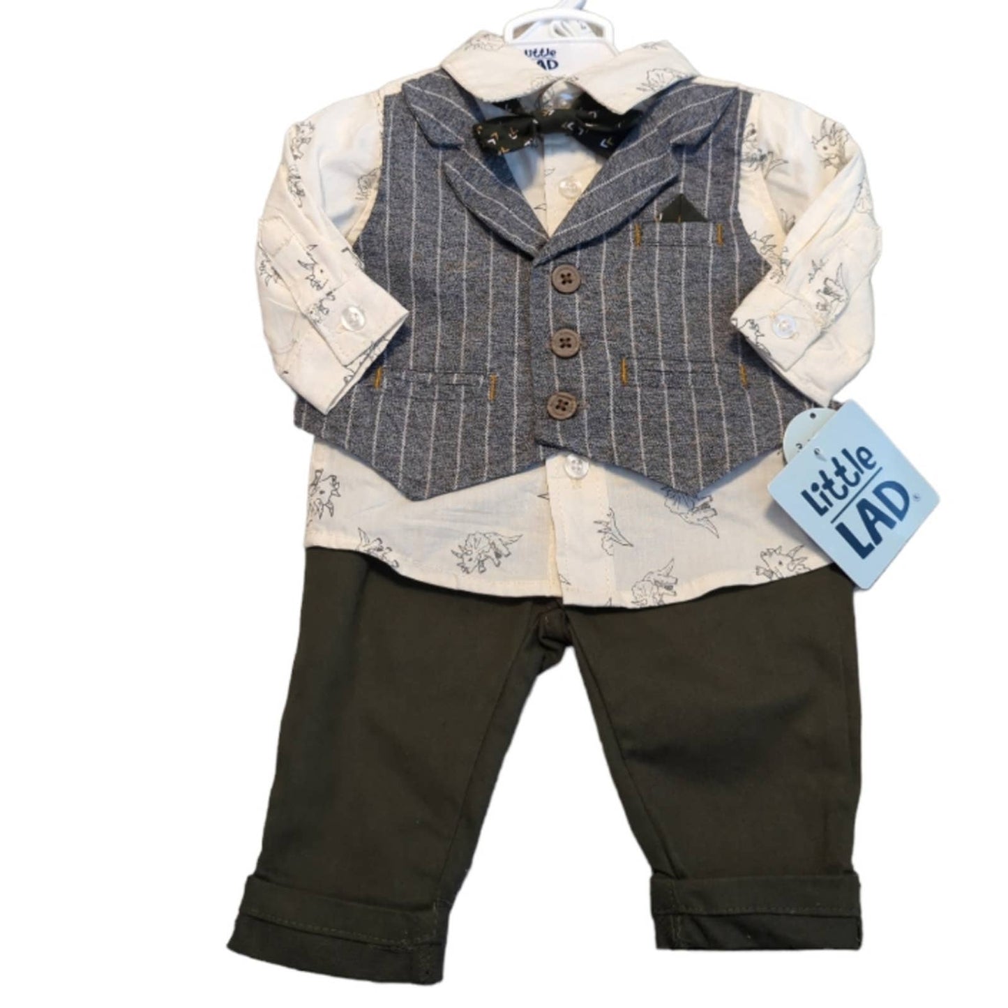 LITTLE LAD 0-3 Month 3 Piece Dressy Outfit Rhinoceros Pinstripe Bowtie NEW