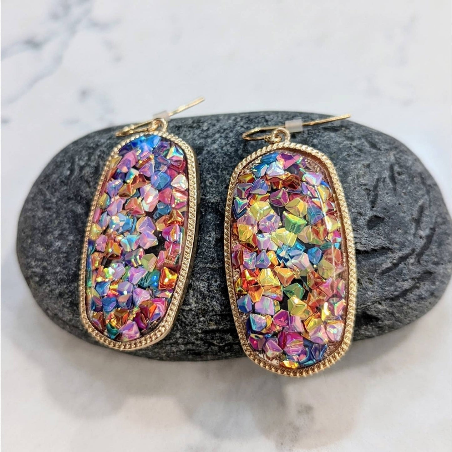 RAINBOW Gem Gold Rimmed Oval Resin Faceted Sparkle Hook Earrings