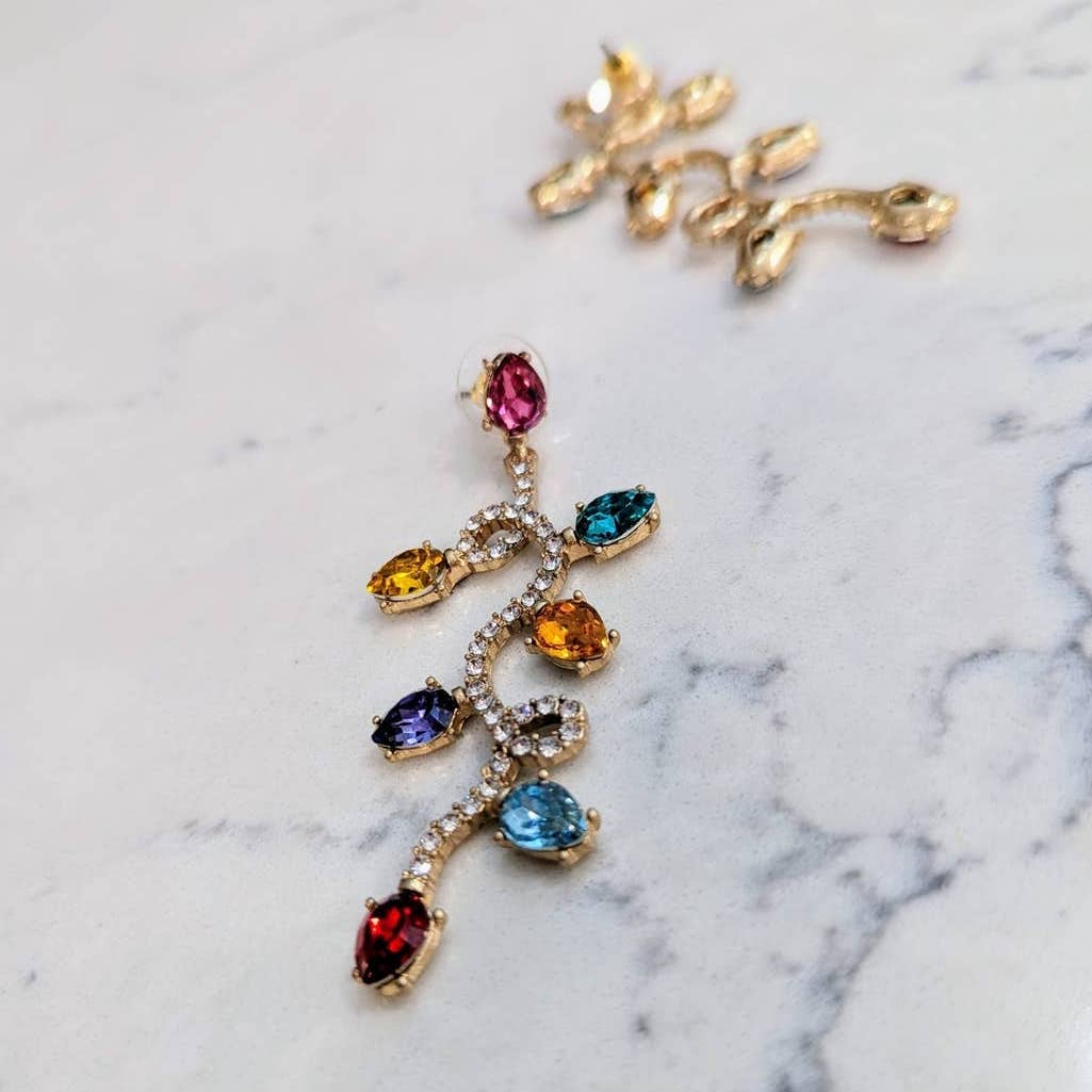 Holiday Lights Long Gold Dangle Post Earrings for Christmas