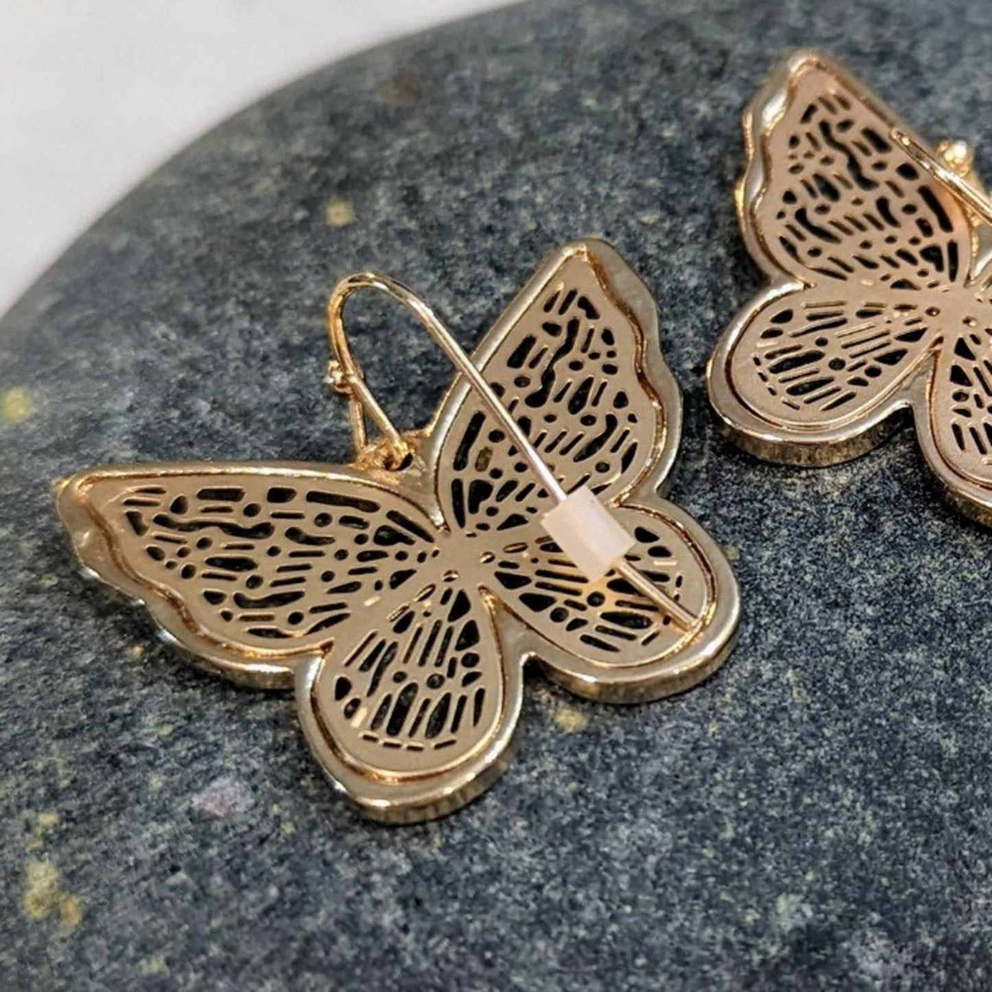 Butterfly Gold Tone Filagree 3D Hook Earrings