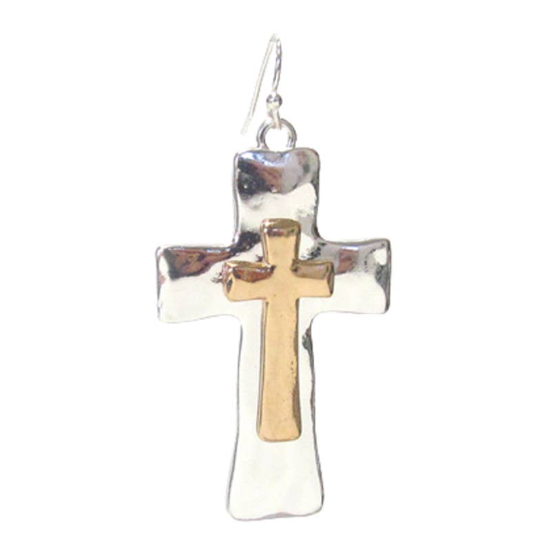 Hammered Metal Two Tone Large Dangle Crosses