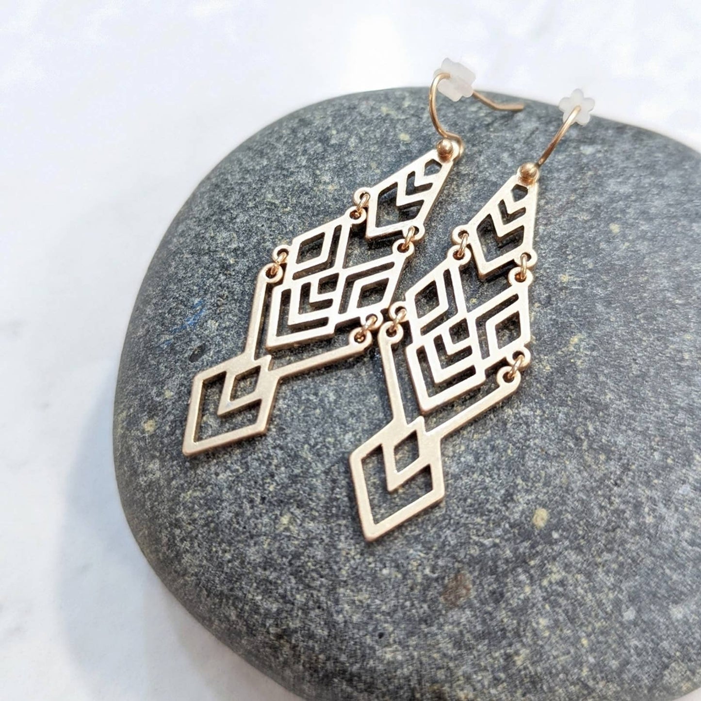 Aztec Geometric Gold Dangle Statement Hook Earrings