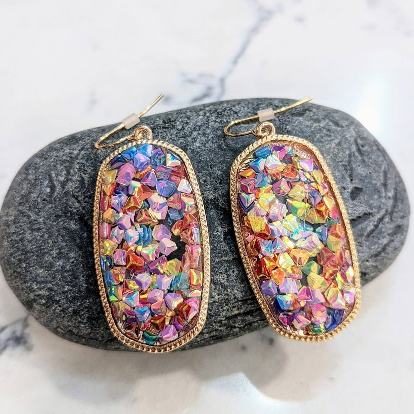 RAINBOW Gem Gold Rimmed Oval Resin Faceted Sparkle Hook Earrings
