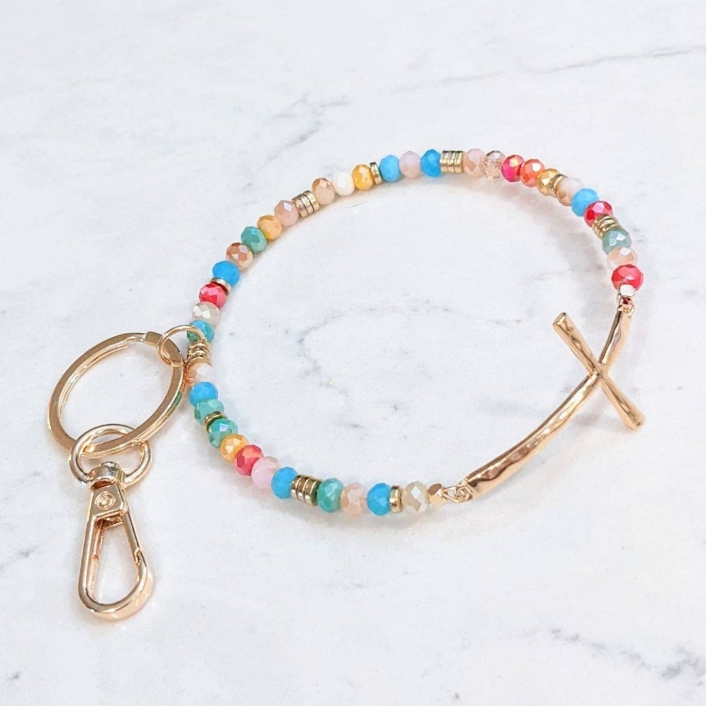 GOLD TONE CROSS Glass Bead Bracelet Style Hoop Key Chain with Closed Hook