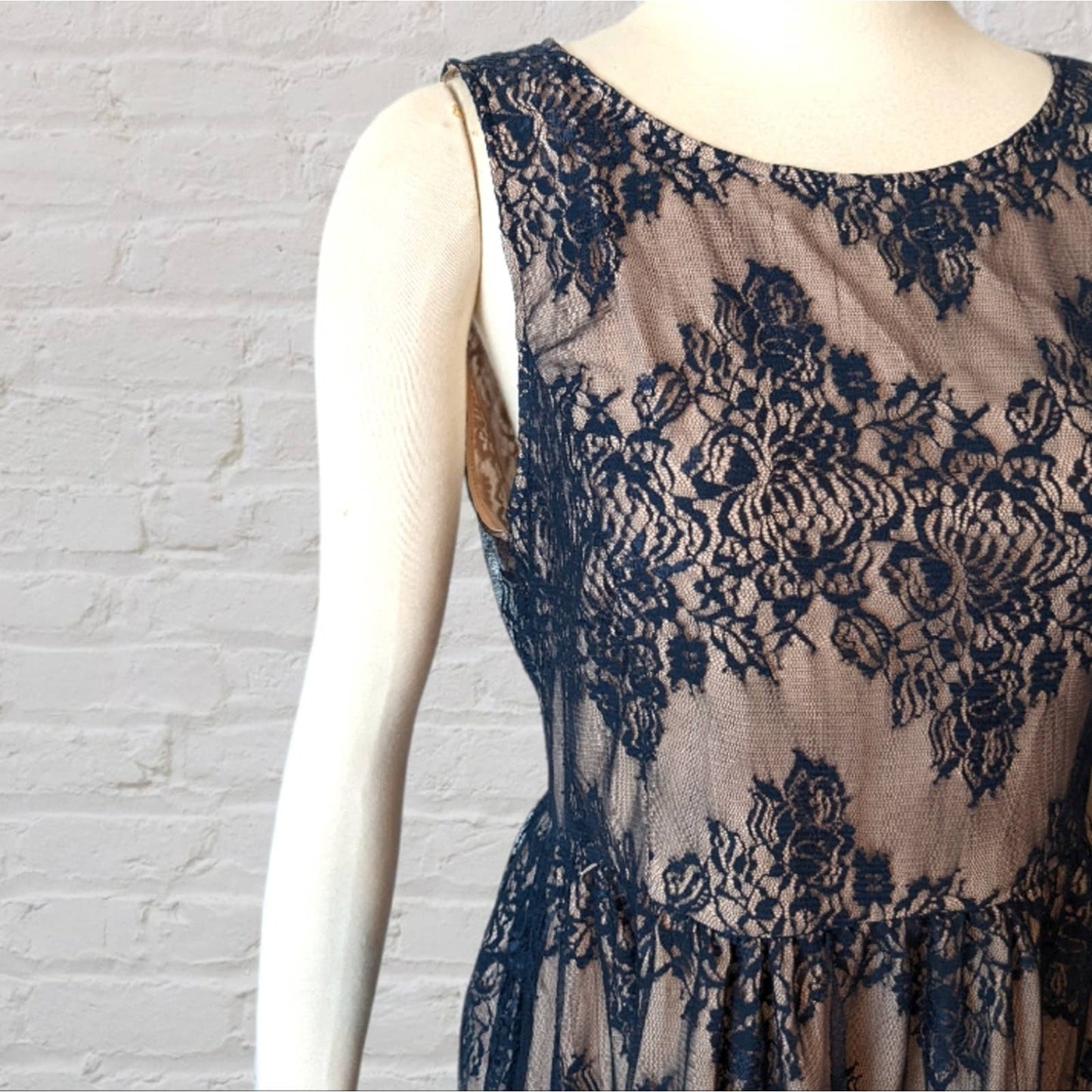 FOREVER 21 Navy Blue Lace Party Dress with Tan Lining Large