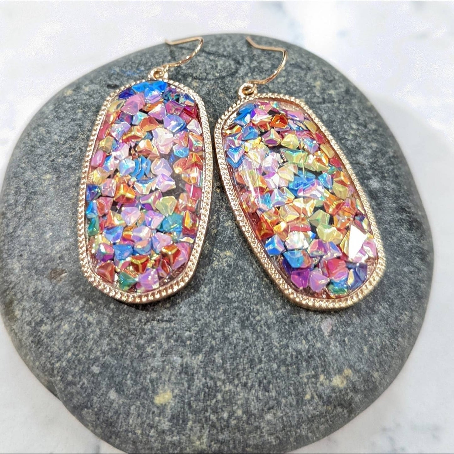 RAINBOW Gem Gold Rimmed Oval Resin Faceted Sparkle Hook Earrings