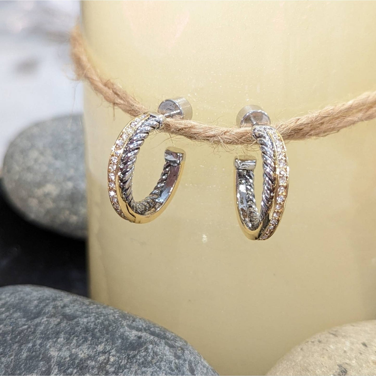GOLD SILVER Two Tone Sparkle Twisted Rope Hoop Earrings