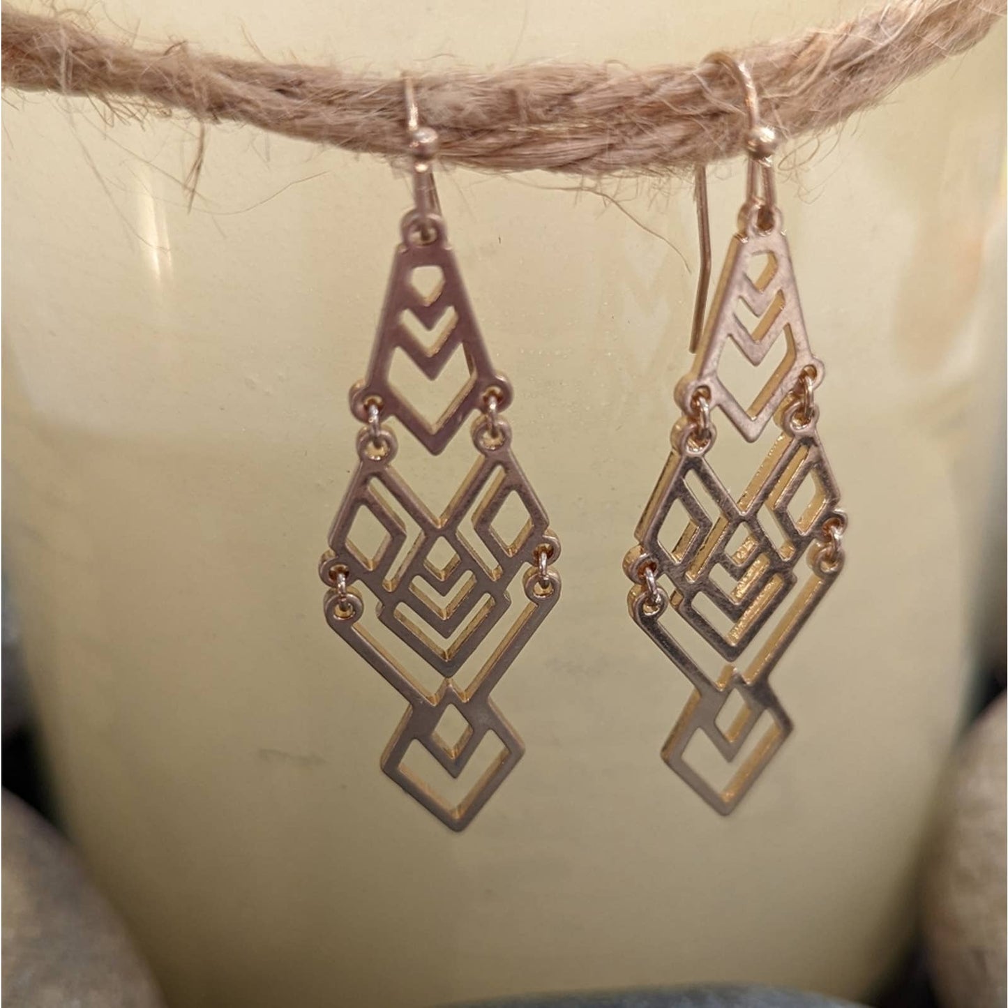 Aztec Geometric Gold Dangle Statement Hook Earrings